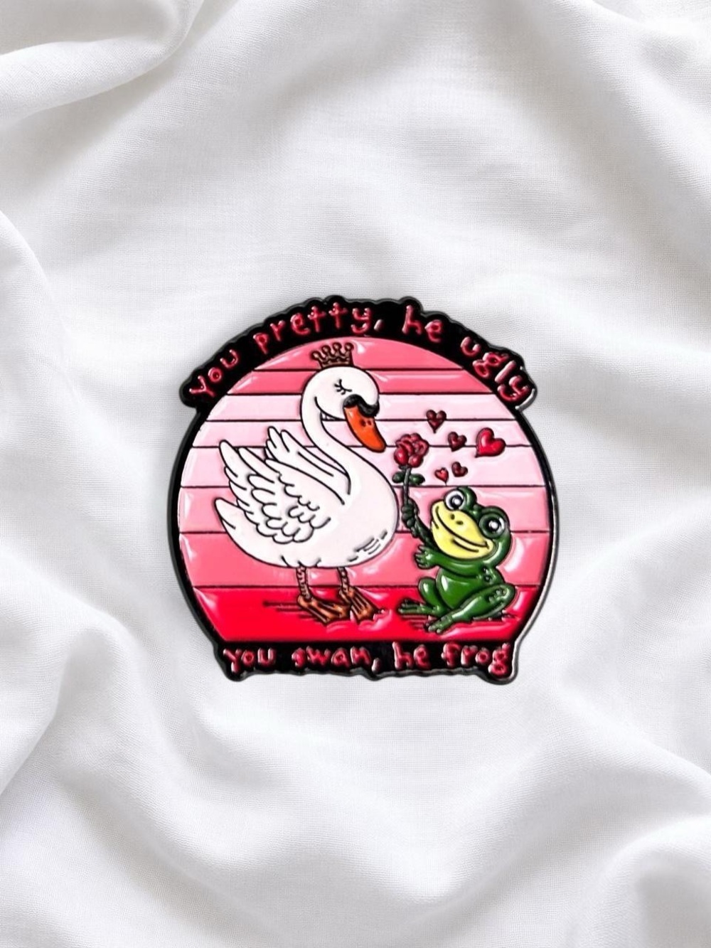 Pink Swan & Green Frog Enamel Pet Bird Pin